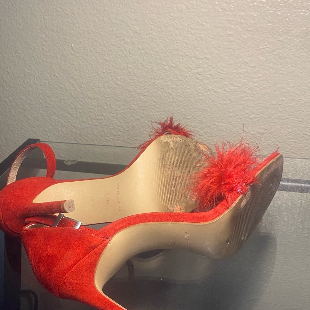 CHARLES DAVID Red Feathered Heels - Picture 10 of 11